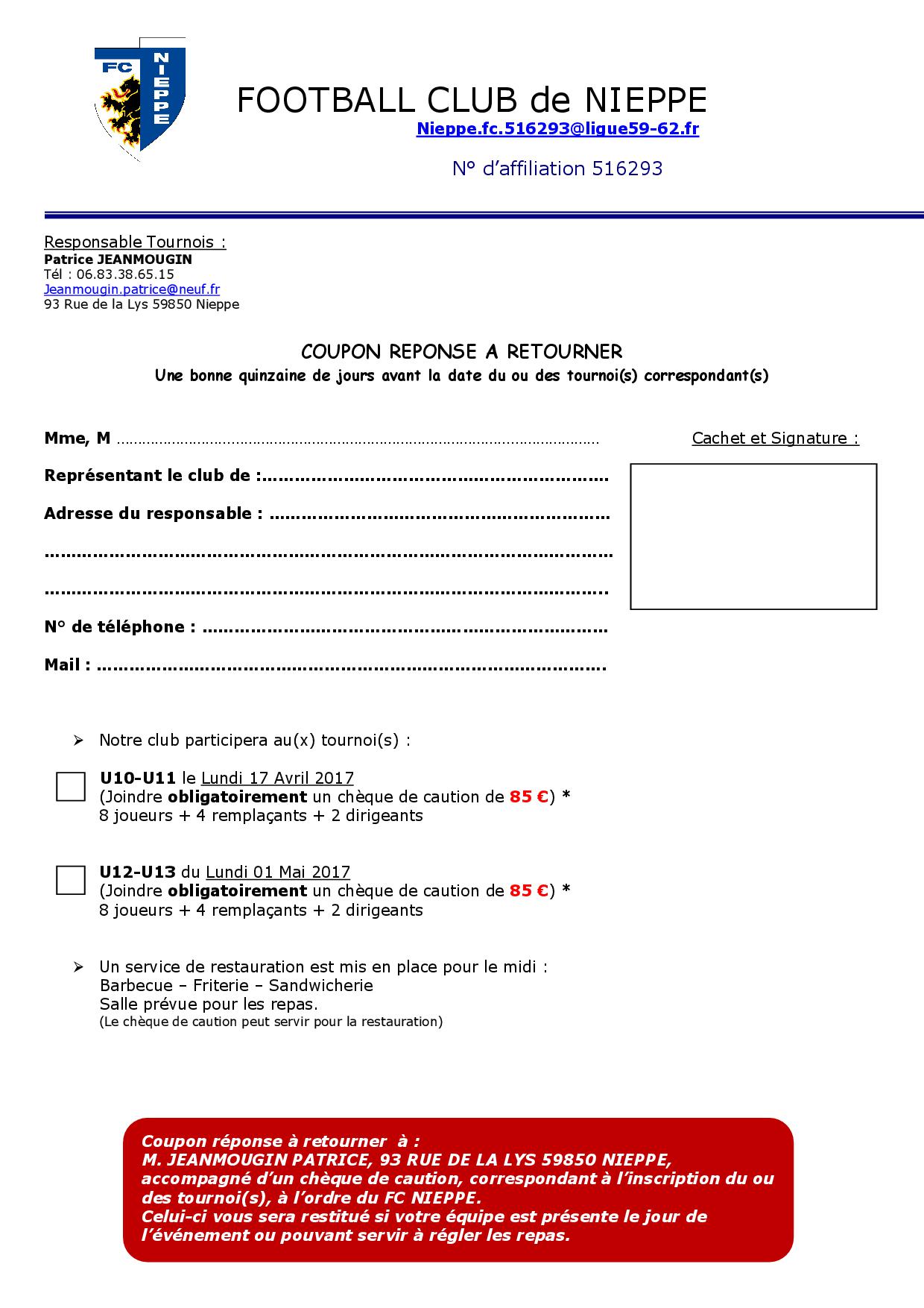 Invitation Et Fiche D Inscription Club Football Fc Nieppe Footeo